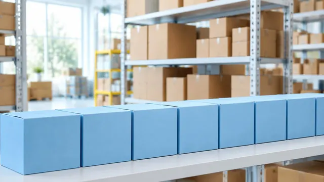 Una fila de cajas azul claro, ordenadas y enfocadas, delante de una estantería con cajas de cartón de distintos tamaños