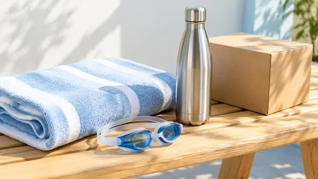 Una toalla de rayas, unas gafas de natación y una botella sobre un banco de madera al sol, junto a una caja de cartón