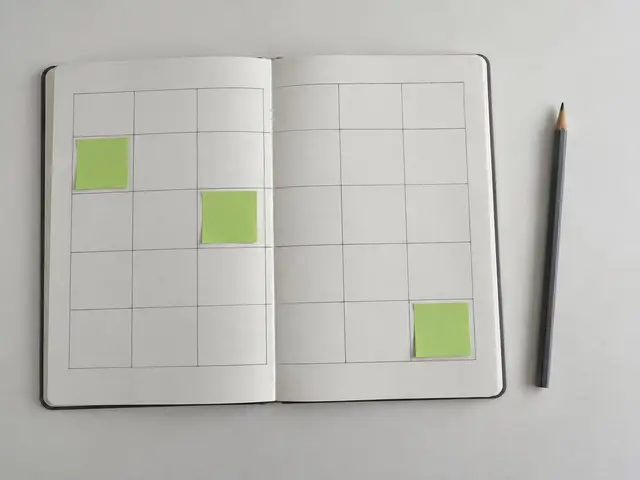 Libreta abierta con un calendario de meses dibujado a mano y tres meses marcados con notas verdes