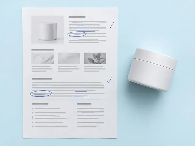 Ficha de producto impresa con correcciones en azul junto a un bote blanco sin etiqueta