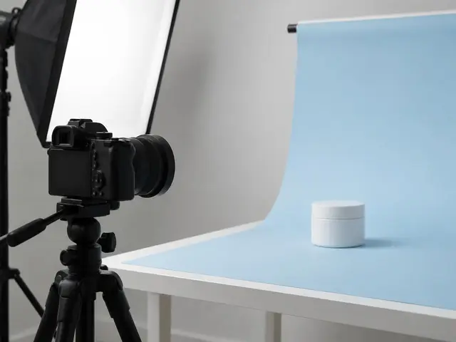 Cámara sobre trípode apuntando a un bote blanco sobre un fondo azul claro curvado